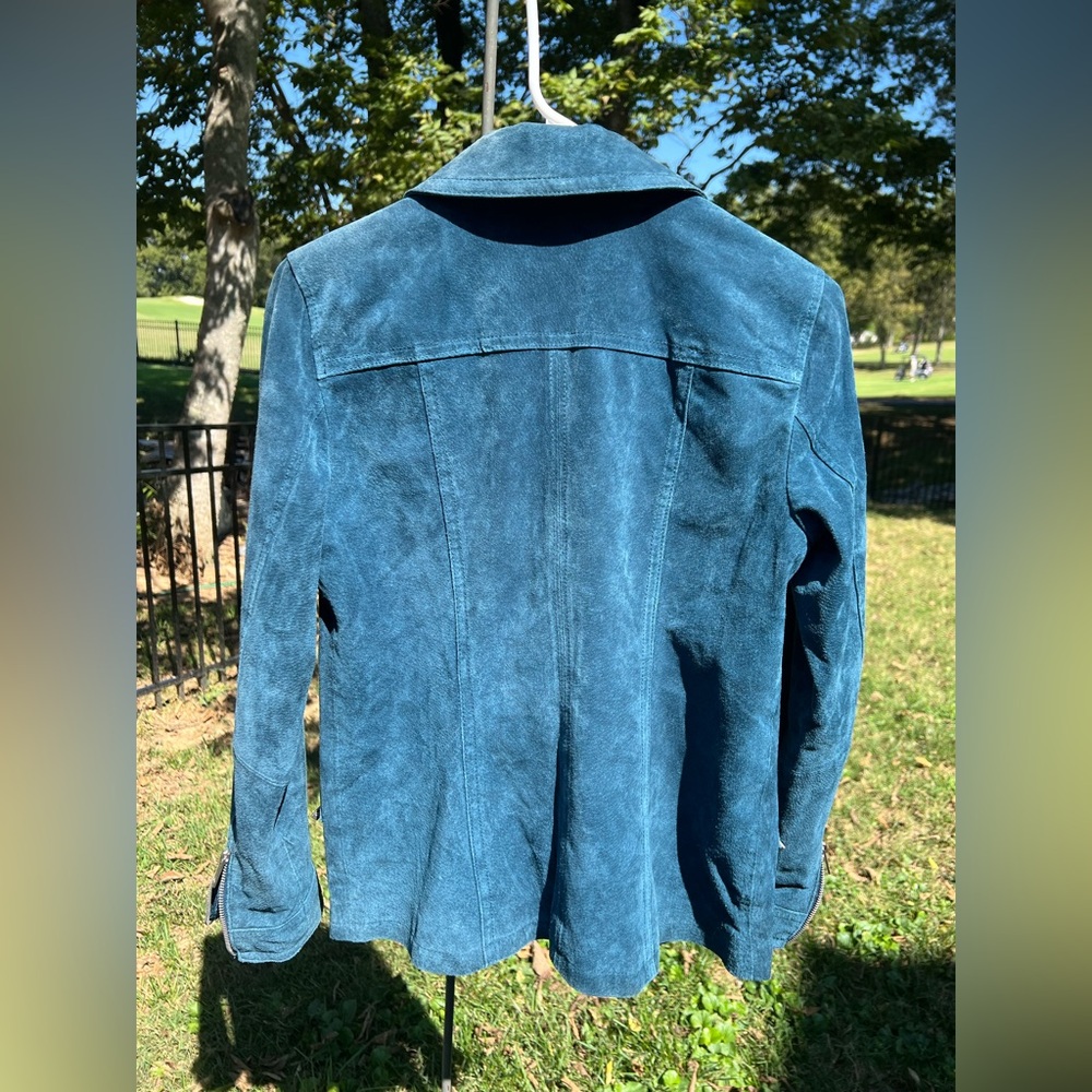 Dennis Basso Suede Moto Jacket Women’s Asymmetrical Zipper, Teal/Blue, XS - Picture 2 of 5